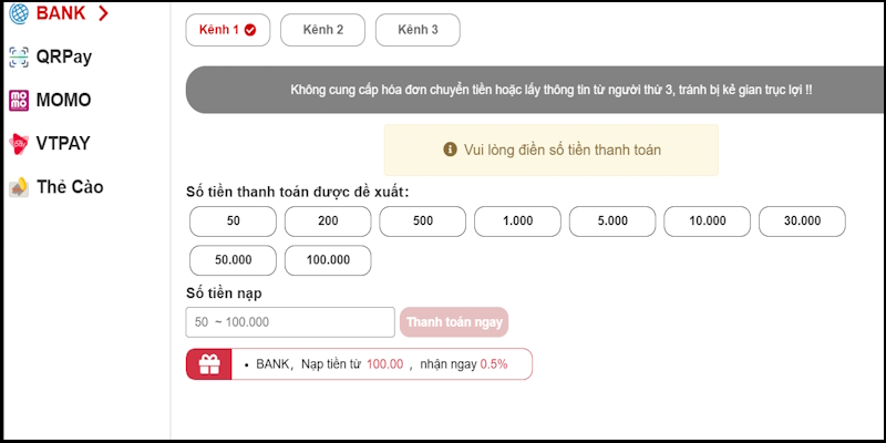 Hoàn thành việc nạp tiền King33 bằng ví điện tử